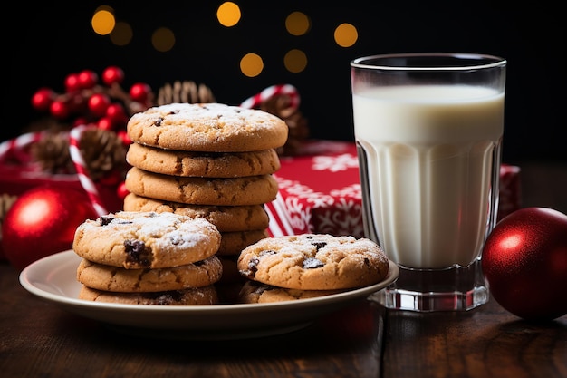 Sombrero de Papá Noel y galletas en mesa de madera