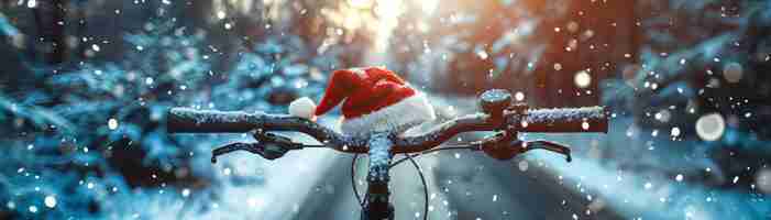 Foto sombrero de papá noel en un manillar de bicicleta listo para un paseo festivo