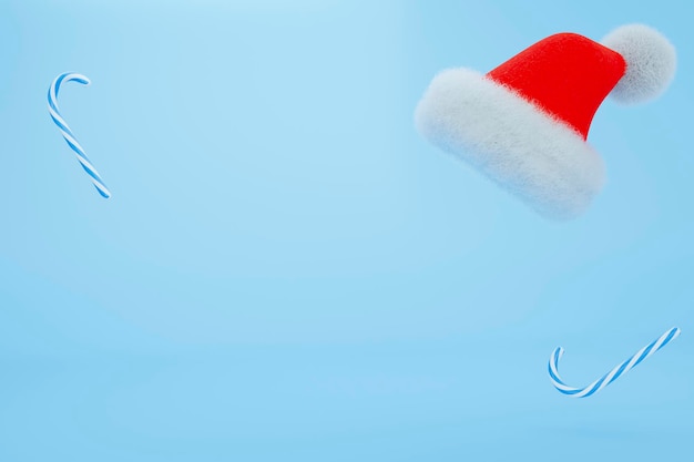 Sombrero de Papá Noel rojo 3d con pelaje blanco con caramelo azul sobre fondo azul claro Marketing de promoción