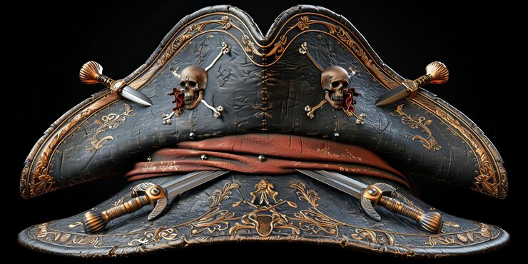 Sombrero de pirata con dos sables cruzados y cráneo en fondo negro