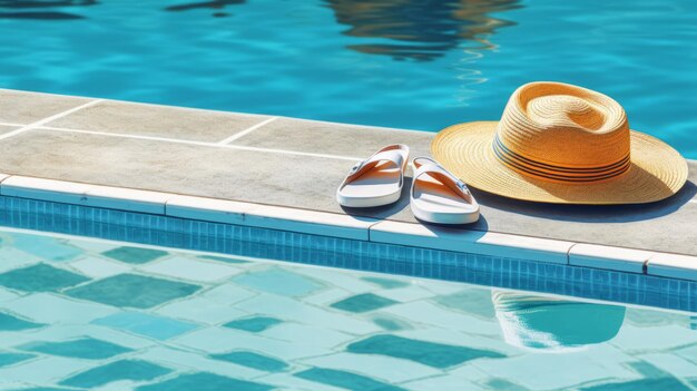 Sombrero y piscina y concepto de vacaciones de viaje.