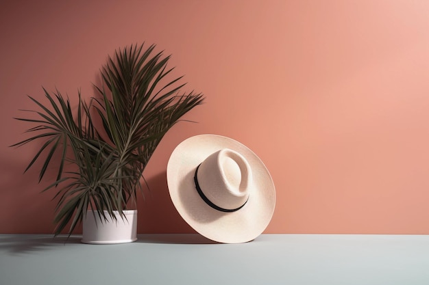 Un sombrero y una planta se sientan en una mesa al lado de una planta.