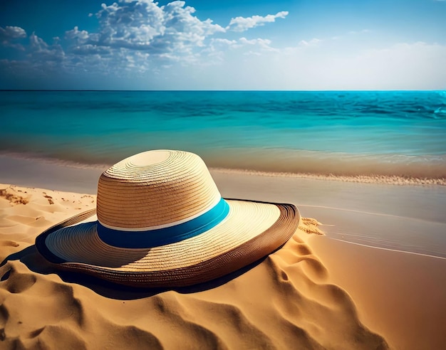 Un sombrero en una playa con el mar de fondo