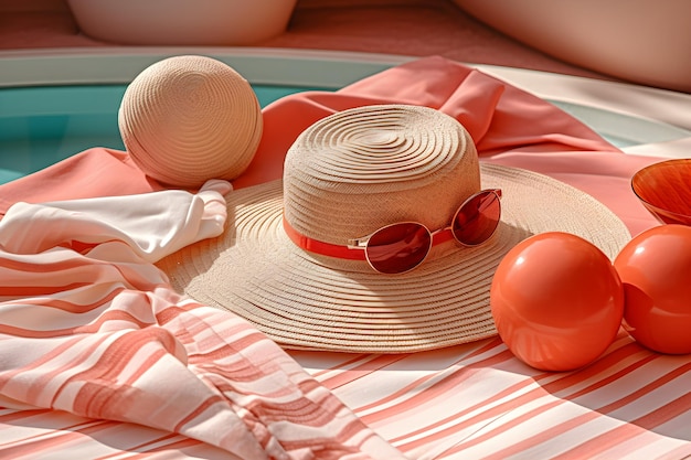 Un sombrero de playa y una pelota de playa sobre una manta.