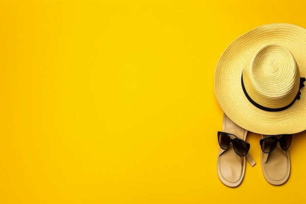 Sombrero de playa de verano amarillo y gafas de sol sobre fondo amarillo