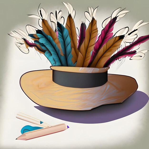 Foto un sombrero con plumas de lápices y un borde de