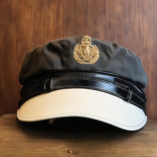 sombrero de policía sobre una mesa de maderaoficial de policía con sombrero y gorra sobre fondo de madera
