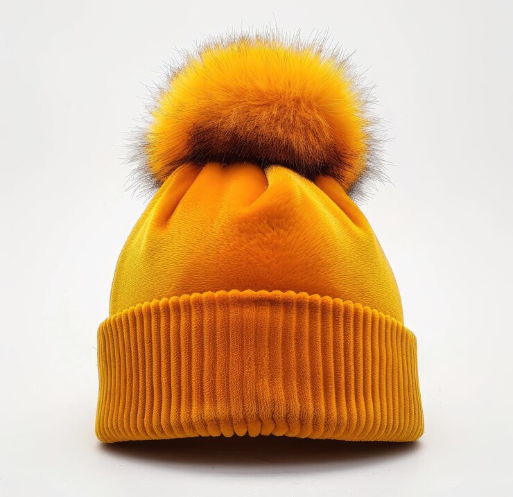 un sombrero de punto amarillo con un sombrerito peludo que tiene una oreja peluda que tiene un cuello peludo