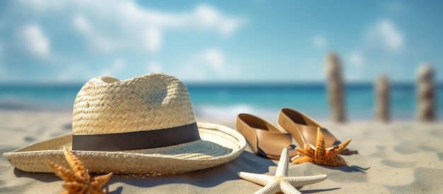 Un sombrero y sandalias están en una playa con una escena de playa en el fondo.