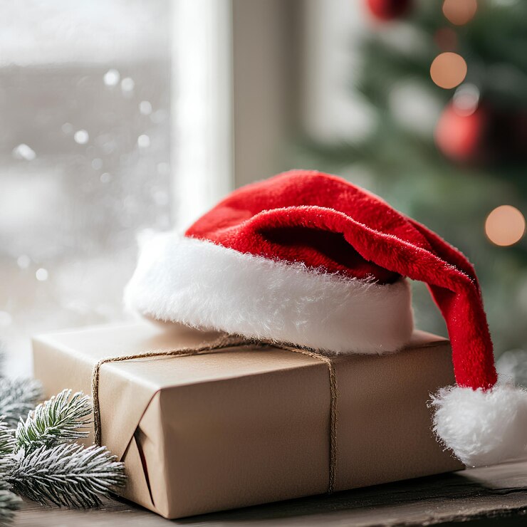 un sombrero de Santa está en la parte superior de una caja de regalos