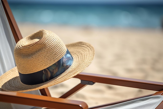 Un sombrero se sienta en una silla en la playa de un resort