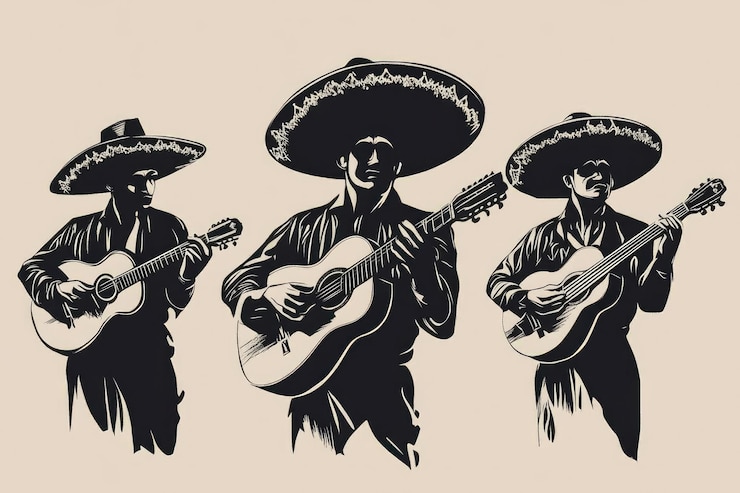 Foto sombrero silhouette banda mexicana de mariachi con guitarra y maracas bailando en una fiesta folclórica