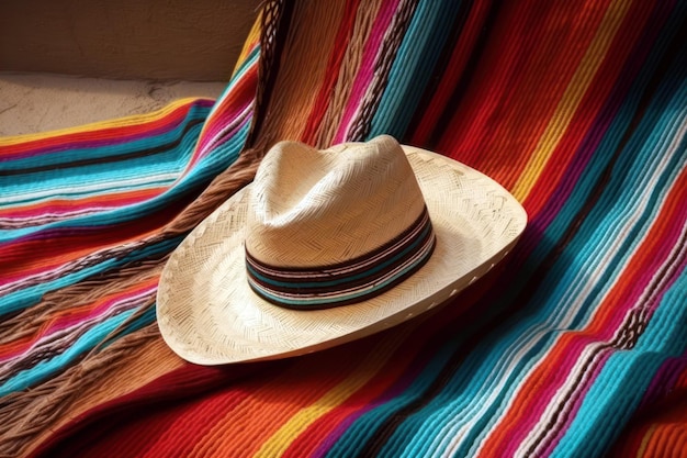 Un sombrero sobre una manta colorida con la palabra cabaña.