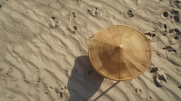 Sombrero de sol y concha de mar aislados en un fondo de arena