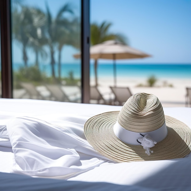 Un sombrero de sol femenino en una cama en la playa