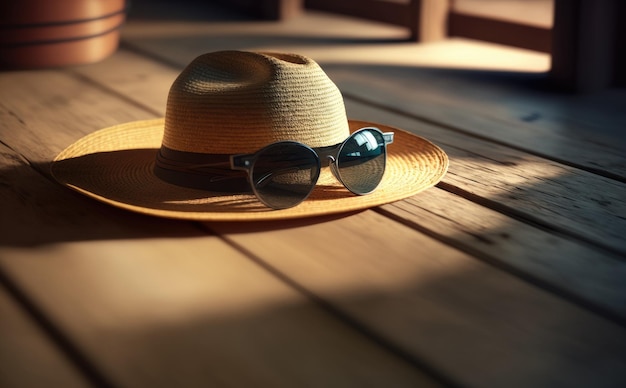 Un sombrero para el sol y gafas de sol están sobre una mesa de madera. IA generado