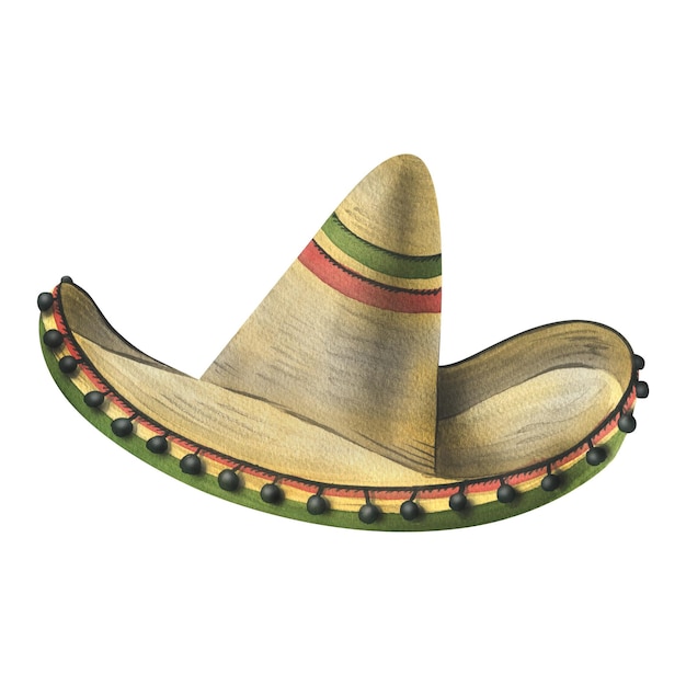 Sombrero sombrero de paja mexicano tradicional con patrón rojo y verde con pompones negros Ilustración acuarela dibujada a mano Objeto aislado sobre un fondo blanco