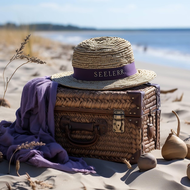 un sombrero y un sombrero en una playa con un paño morado