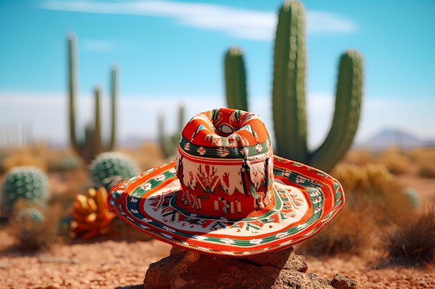 Un sombrero tradicional mexicano que adorna un cactus en el desierto creando una imagen brillante y cautivadora