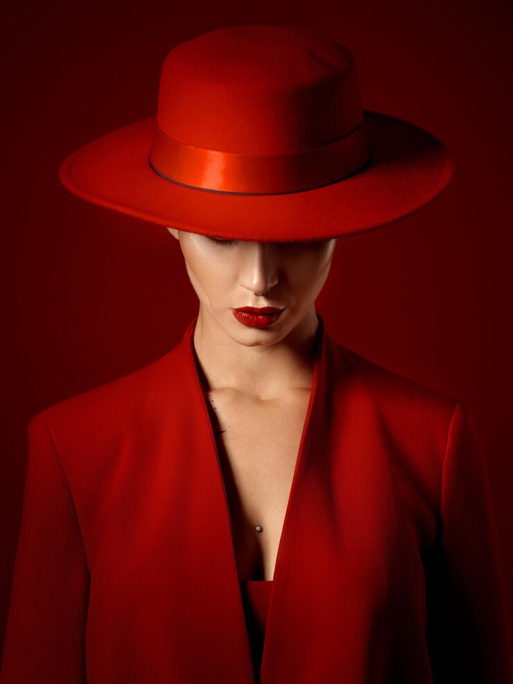 Sombrero de traje y mujer con moda o belleza en estudio con estilo retro o pose vanguardista confiada o creativa en maqueta de fondo rojo Modelo de personaje misterioso y chica con poder o estética vintage