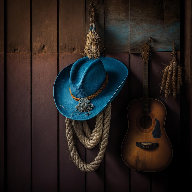 Foto un sombrero de vaquero azul y una guitarra cuelgan de una pared.