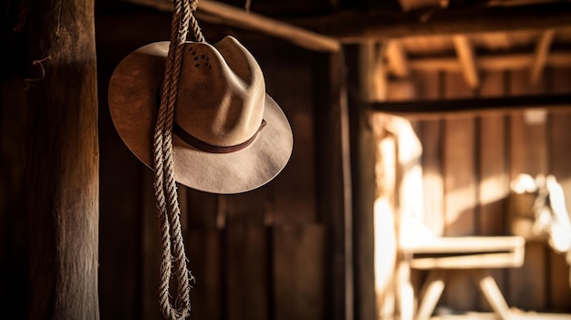 Foto sombrero de vaquero y cinturón de cuero en una mesa de madera