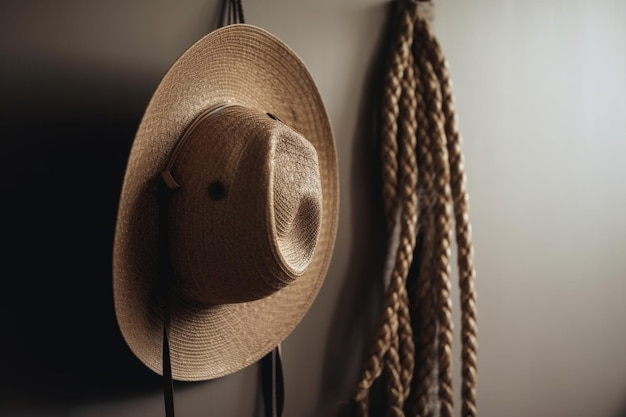 Sombrero de vaquero colgado en la pared con cuerda enrollada debajo creado con ai generativo