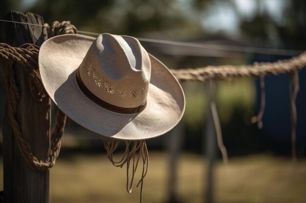 Foto sombrero de vaquero colgado en el tendedero con una cuerda envuelta alrededor del borde creado con ia generativa