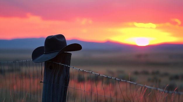 Foto un sombrero de vaquero cuelga en un poste de valla de madera frente a una hermosa puesta de sol