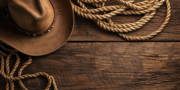 Sombrero de vaquero y cuerda en una mesa de madera.