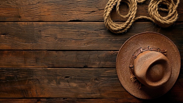 Sombrero de vaquero y cuerda sobre fondo de madera Vista superior con espacio de copia ai generativo