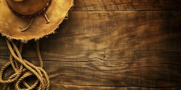 Foto sombrero de vaquero y cuerda en superficie de madera.