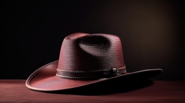 Un sombrero de vaquero está sobre una mesa con un fondo oscuro.