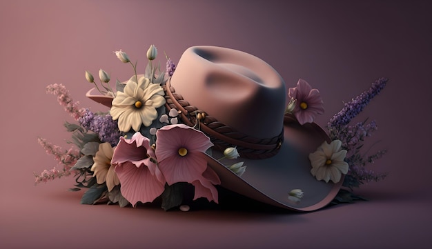 Un sombrero de vaquero con flores está sobre un fondo morado.