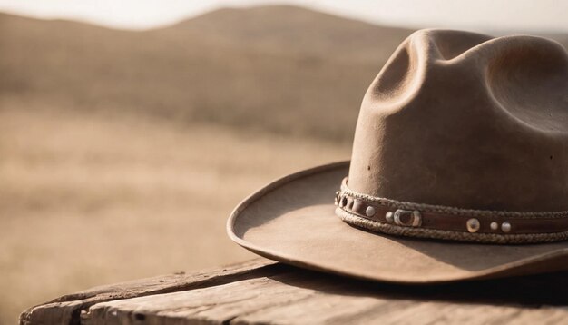 Foto sombrero de vaquero en una mesa de madera en el campo foco selectivo