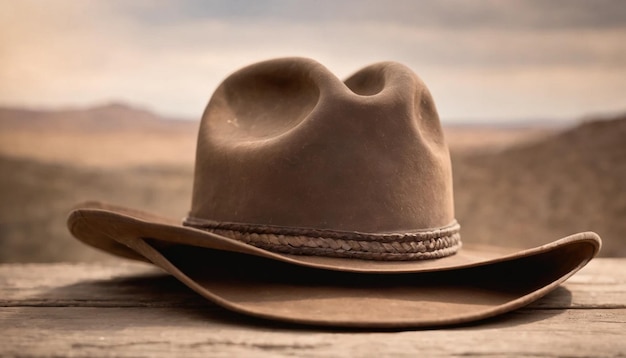 Foto sombrero de vaquero en una mesa de madera en el campo foco selectivo