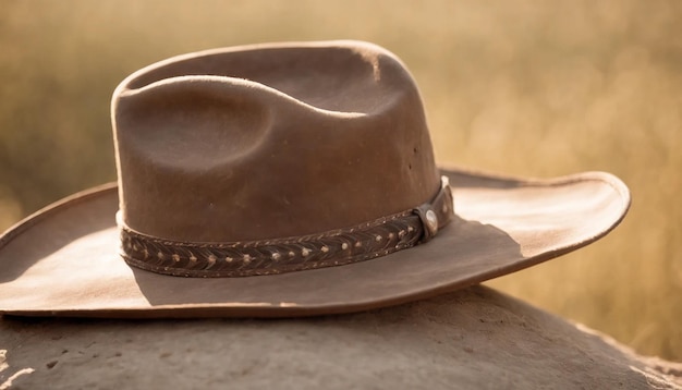 Foto sombrero de vaquero en una mesa de madera en el campo foco selectivo