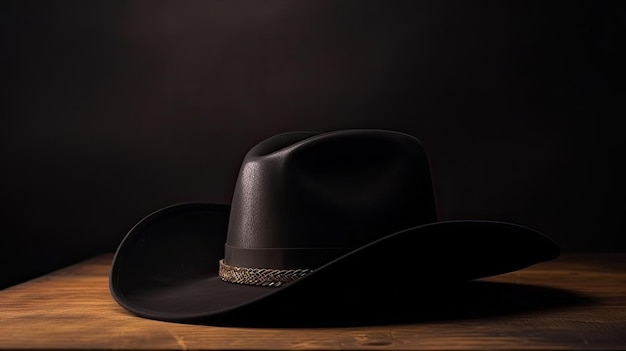 Un sombrero de vaquero negro se sienta en una mesa de madera.