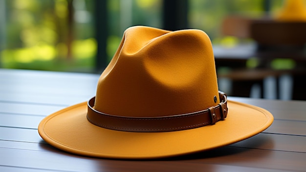 sombrero de vaquero rojo y una chaqueta de cuero fondo de madera oscura