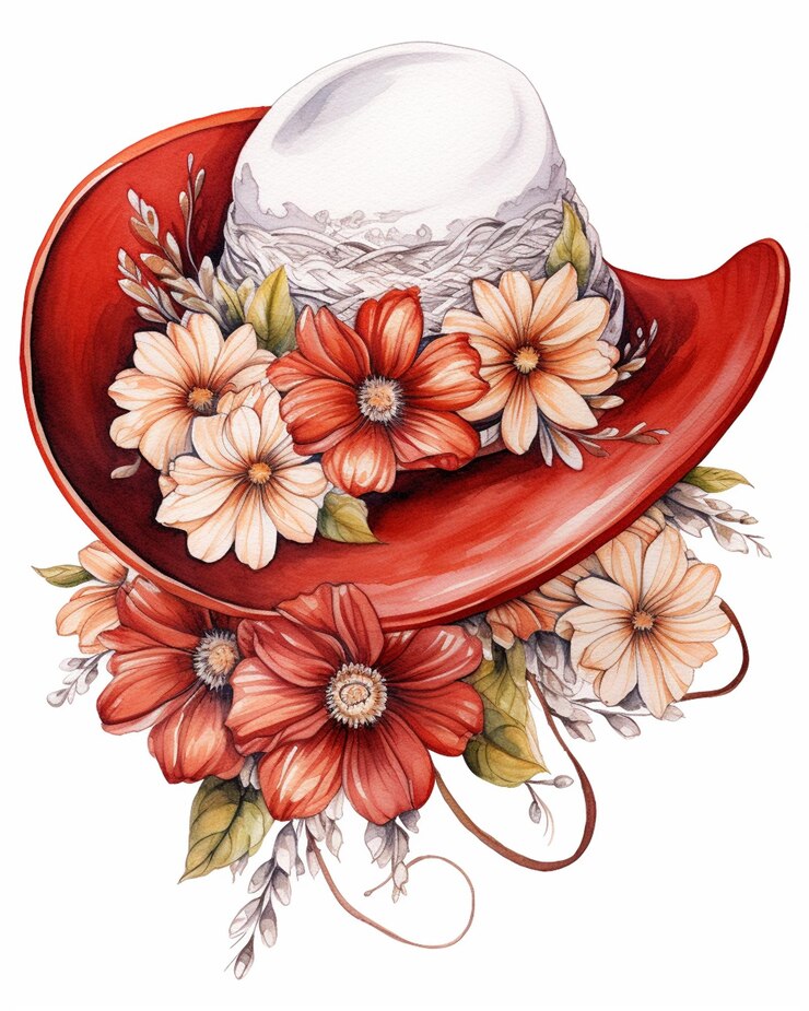 Foto sombrero de vaquero rojo con flores acuarela