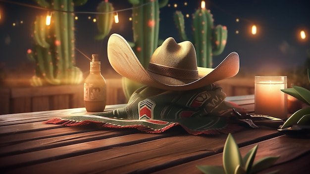 Un sombrero de vaquero se sienta en una mesa con una botella de pilsner encima.