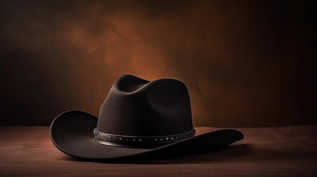 Un sombrero de vaquero se sienta en una mesa frente a un fondo oscuro.