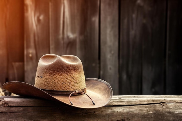 un sombrero de vaquero se sienta en una mesa de madera con un sombreiro de cowboy en él