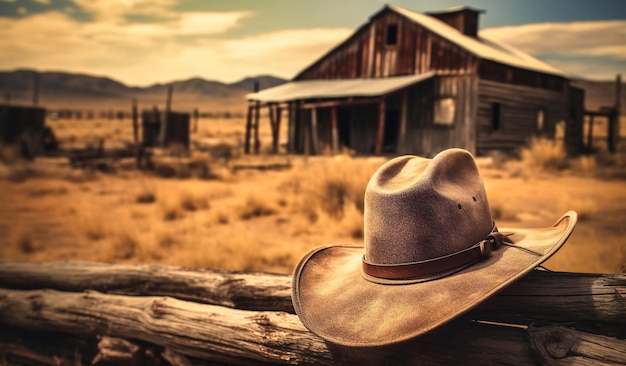 Un sombrero de vaquero y un sombrero de vaquero en un tronco junto a un antiguo granero