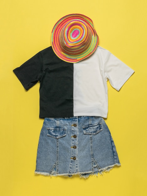 Sombrero de verano, camiseta y falda de mezclilla sobre una superficie amarilla