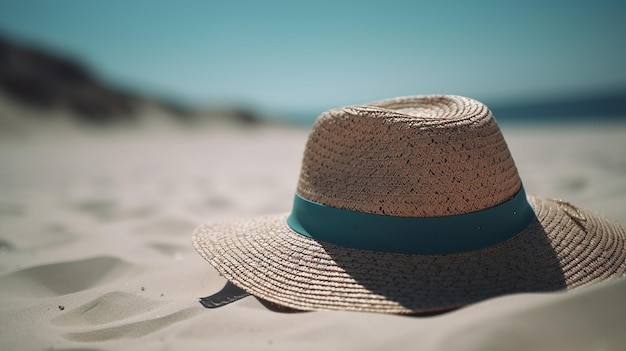 Sombrero de verano Gafas de sol Estrella de mar en arenas blancas con palmeras Aguas turquesas con IA generativa