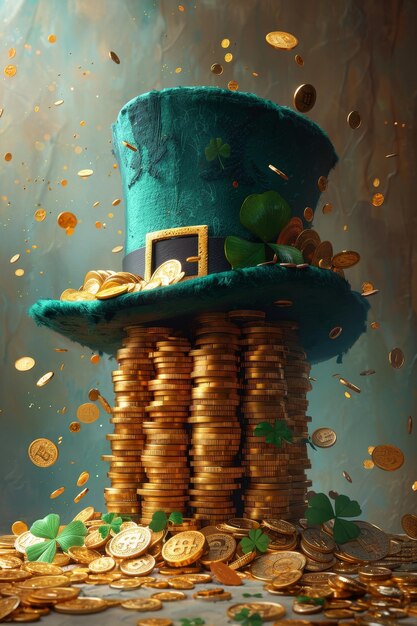 Un sombrero verde de duende y monedas de oro se destacan en la superficie el día de San Patricio