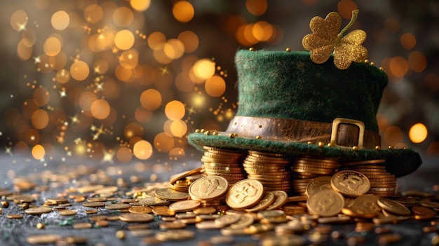 Un sombrero verde de duende y monedas de oro se destacan en la superficie el día de San Patricio