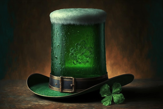 Sombrero verde jarra de cerveza verde con espuma Concepto de celebración del Día de San Patricio