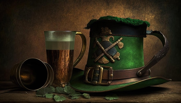Un sombrero verde con un trébol se sienta al lado de una jarra de cerveza.
